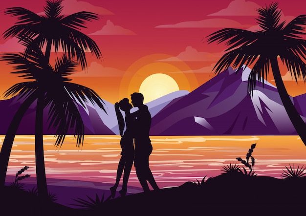 Vektor illustration der küssenden paarschattenbild auf dem strand unter der palme auf sonnenunterganghintergrund und den bergen im flachen stil.