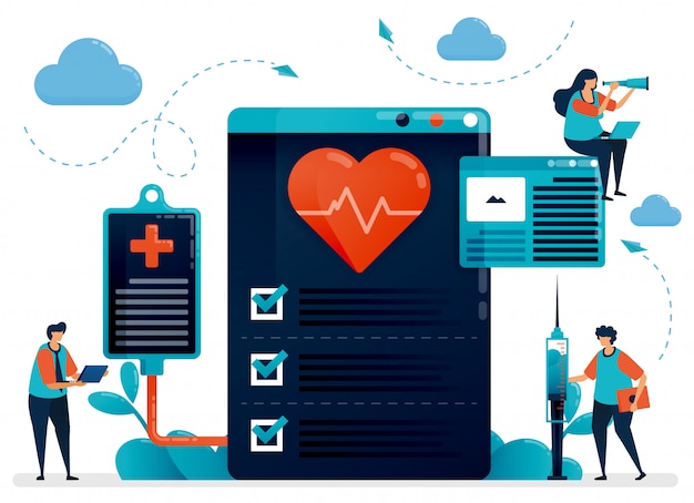 Vektor illustration der medizinischen kardiologie check-up für die gesundheit. krankenhaus, klinik, labor zur diagnose und behandlung von herzerkrankungen