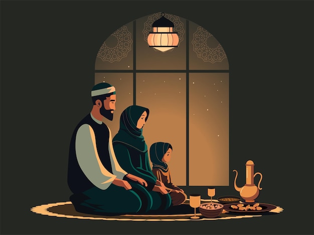 Illustration der muslimischen familie, die vor dem essen auf der matte vor dem islamischen mandala-fenster in der nacht betet