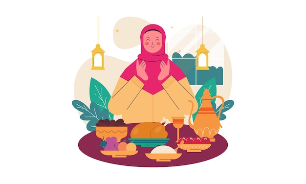 Illustration der muslimischen Familie Iftar Essen nach dem Fasten Ramadhan Party Konzept