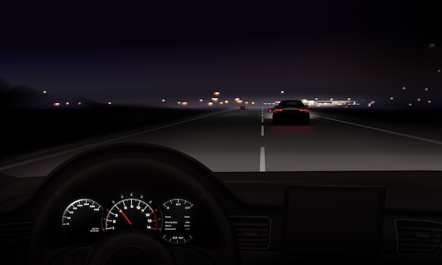 Illustration der nachtstraße mit realistischer lenkradansicht vom auto auf stadtlichthintergrund