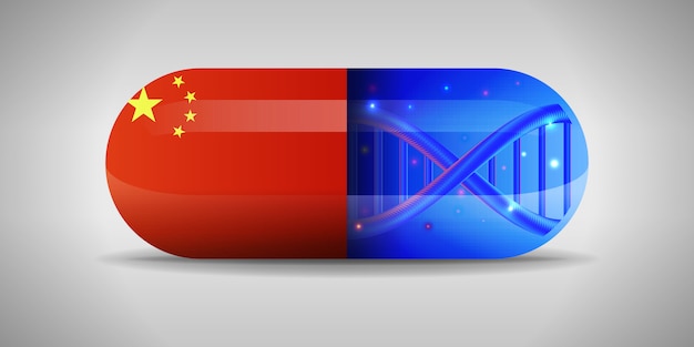 Illustration der nationalen Arzneimittel von China. Arzneimittelproduktion in China. Nationalflagge von China auf Kapsel mit Gen.