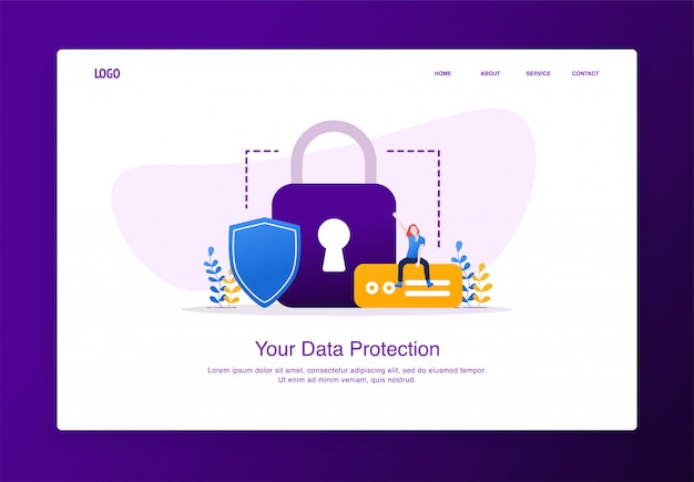 Illustration der netten frau sitzend auf der externen festplatte mit vorhängeschloß und schild. modernes flaches design-sicherheitskonzept, zielseitenschablone.