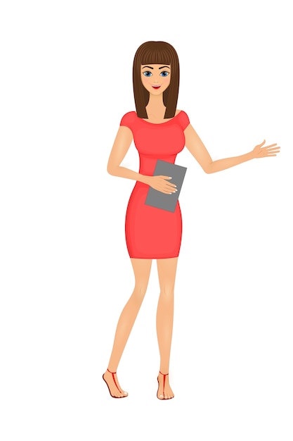 Illustration der netten karikaturgeschäftsfrau in einem roten kleid mit einem ordner