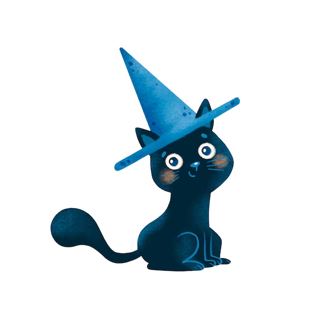 Illustration der niedlichen cartoon halloween schwarze katze mit hexenhut isoliert auf weißem hintergrund
