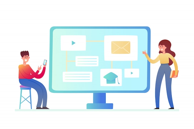 Illustration der Online-Bildung, Business-Training isoliert auf weiß. Computer mit Nachrichten und stehendem winzigem jungen Mann und Frau