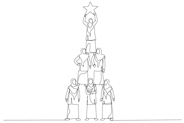 Illustration der pyramide der teamwork-muslimin, um den stern zu erreichen single continuous line art style