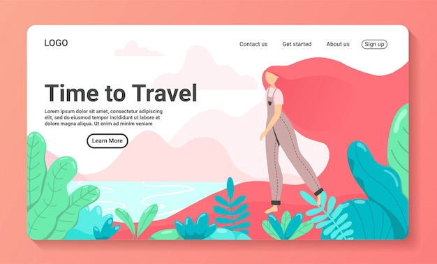 Illustration der reisezeit für eine landingpage-vorlage für geschäftsreisen. touristinnen, die mit familie, freunden oder alleine reisen, begeben sich auf einen exotischen ort mit palmen. flacher stil