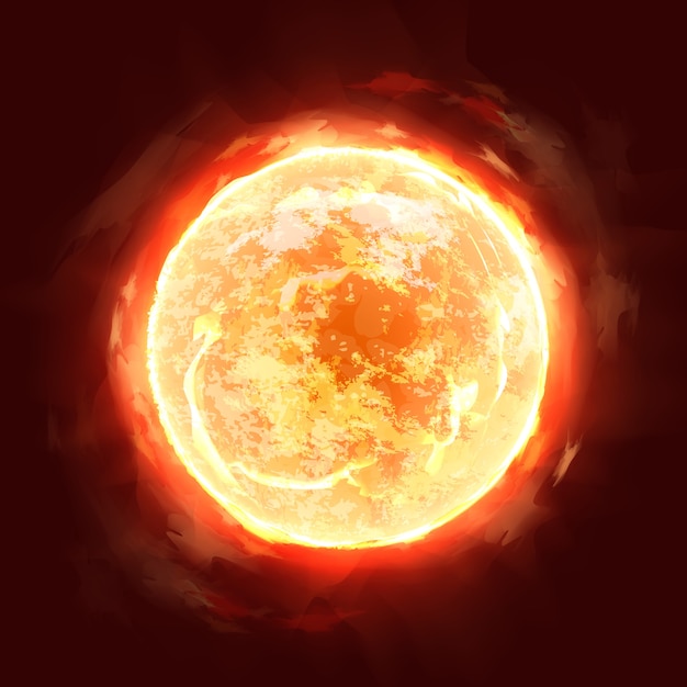 Illustration der riesigen realistischen Sonne mit Feuerstürmen, Ausstülpungen und Eruptionen