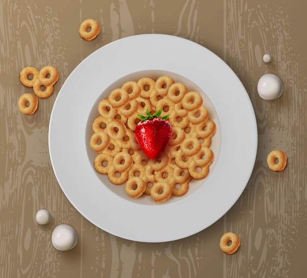 Vektor illustration der schüssel mit frühstückszerealien-maisringen und frischen erdbeeren auf holztisch