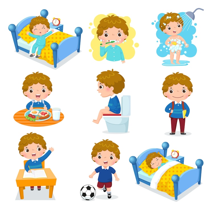 Vektor illustration der täglichen routinetätigkeiten des niedlichen jungen
