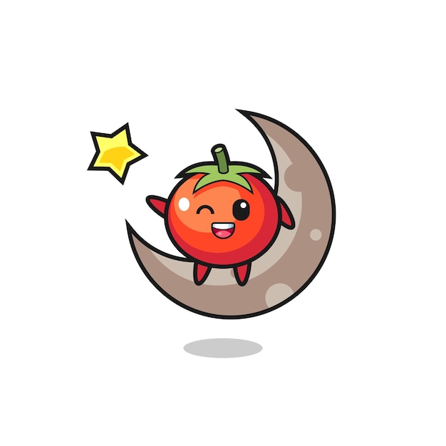 Illustration der tomatenkarikatur, die auf dem halbmond sitzt