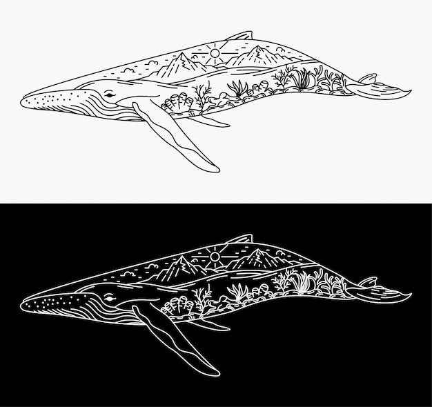 Illustration der verschmelzung von walen mit landschaften, monoline-design