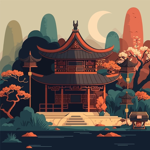 Illustration des asiatischen chinesischen Japan-Tempelschlosses und des Gebirgshintergrundes