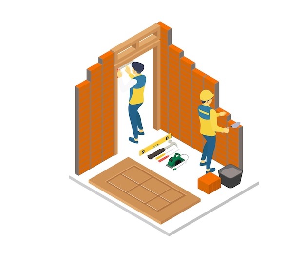 Illustration des Baumeisters beim Verlegen der Ziegel und des Zimmermanns beim Vermessen der Tür