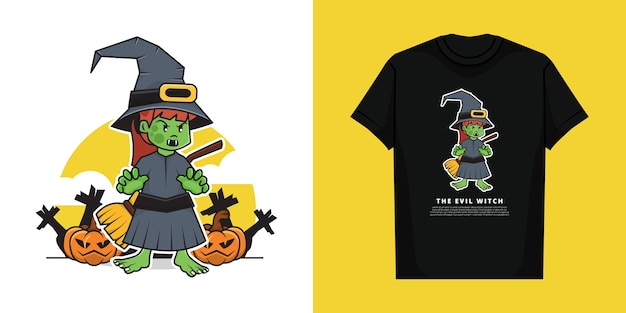 Illustration des bösen hexencharakters im halloween-tag mit t-shirt design