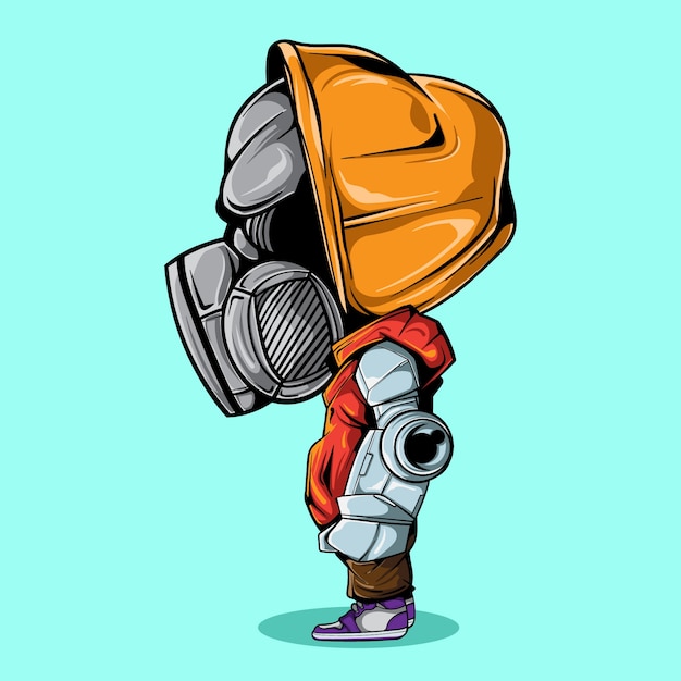 Illustration des charakters mit roboterhand und gasmaske