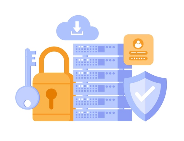 Illustration des Datensicherheitskonzepts mit Schlüsselschlüssel und Server-Ikonen