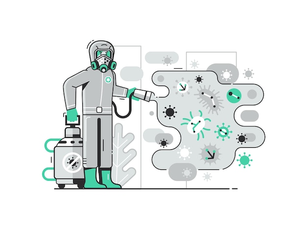 Illustration des Desinfektionsservice-Prozesses mit Desinfektionsmittelarbeiter in Biohazard-Kostüm, der Dekontaminationsspray auf Viren sprüht. Konzeptszene für die Prävention von Sterilisationspandemiemaßnahmen.