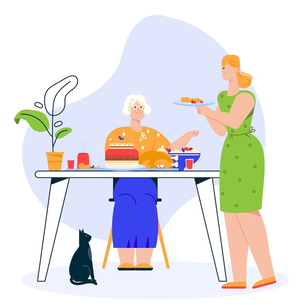 Illustration des Familienessens. Großmutter sitzt am festlichen Esstisch. Enkelin oder Tochter serviert Gericht. Familie feiert Urlaub, Essen zusammen, Beziehungskonzept