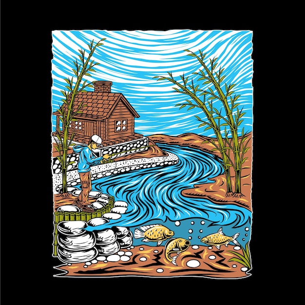 Illustration des Fischens im Fluss