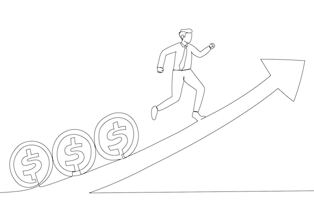 Illustration des fondsmanagers, der flaggen-bleigeldmünzen hält, die aufsteigendes diagramm hochlaufen börsenwachstum oder fondsfluss einzeiliger kunststil