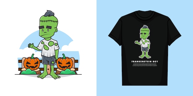 Illustration des frankenstein-jungen im halloween mit t-shirt-entwurf