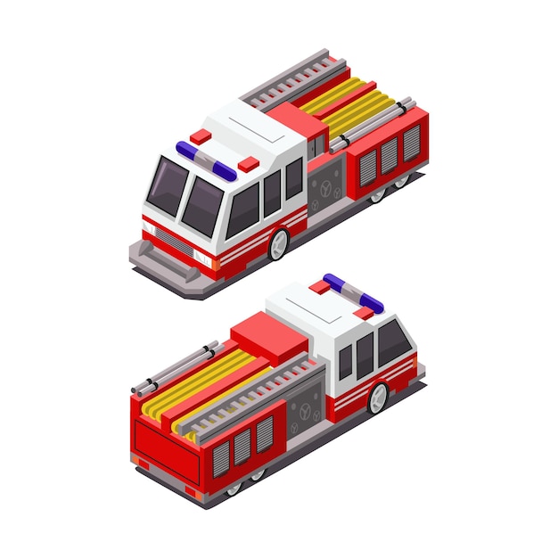 Illustration des isometrischen vektordesigns des feuerwehrfahrzeugs