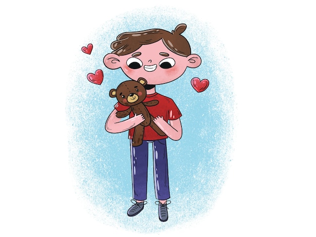 Vektor illustration des jungen, der teddybär umarmt