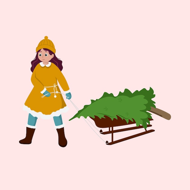 Illustration des jungen Mädchens, das einen Schlitten mit Weihnachtsbaum gegen rosa Hintergrund trägt