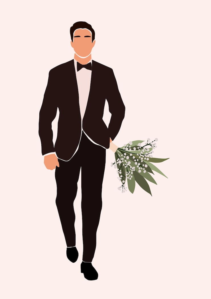 Vektor illustration des jungen männlichen charakters in einem smoking, der hochzeitsblumenstrauß hält
