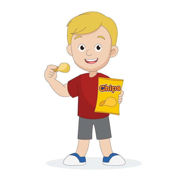 Illustration des kleinen jungen, der kartoffelchips isst