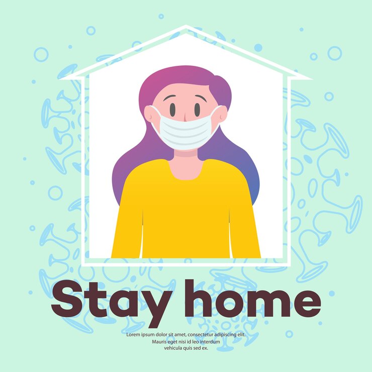 Vektor illustration des konzepts „bleib zu hause“ frau im eigenen haus selbstisolation coronavirus-ausbruch quarantäne medizinisches poster für virusinfektionspräventionsmethode vektor 10 eps