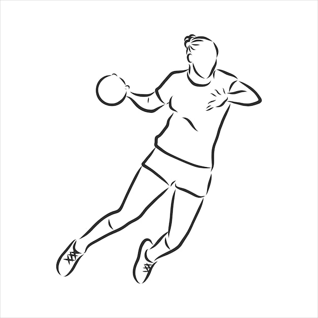 Illustration des Mannes, der Handball spielt. Schwarz-Weiß-Zeichnung, weißer Hintergrund