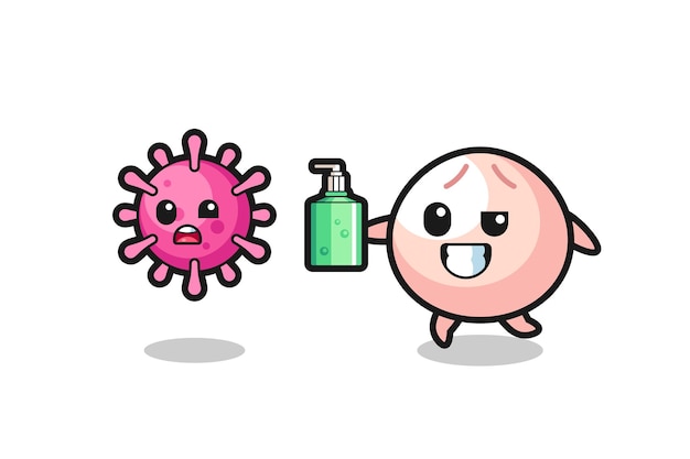 Illustration des meatbun-charakters, der mit händedesinfektionsmittel bösen virus jagt