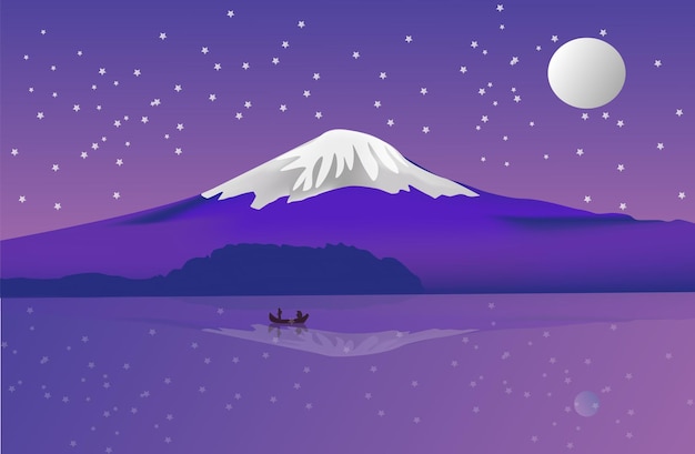 Illustration des Mount Fuji, der nachts über einen See nachdenkt