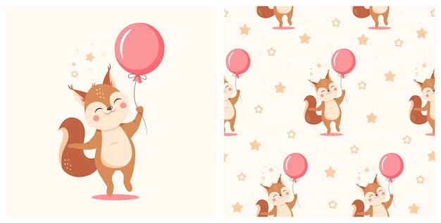 Illustration des netten eichhörnchens mit nahtlosem muster. kann für baby-t-shirt-druck, modedruckdesign, kinderkleidung, babyparty-feiergruß und einladungskarte verwendet werden.