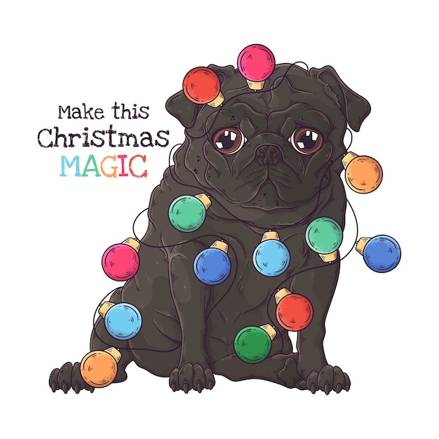 Illustration des niedlichen mops mit weihnachtsgirlande.