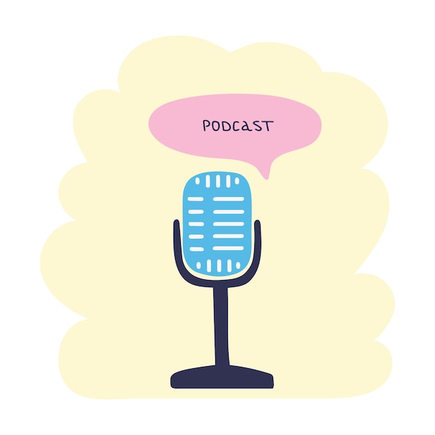 Illustration des podcast-konzepts media-tool-mikrofon und sprechblasen-doodle-symbol