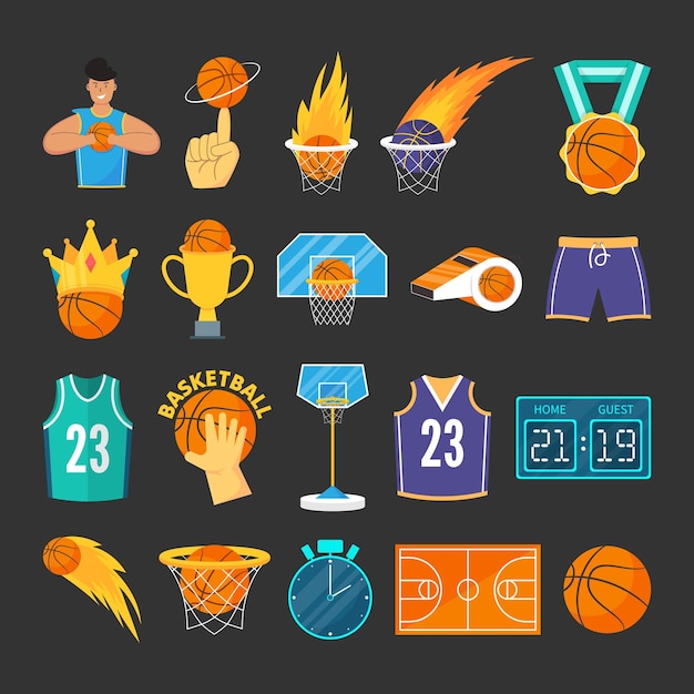 Vektor illustration des satzes der elemente des basketballspiels