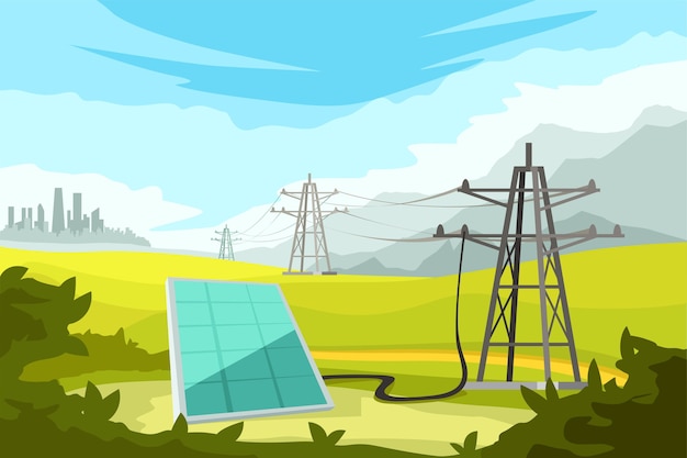 Illustration des sonnenkollektors mit elektrischen türmen, die mit drähten zur stadt auf schöner landschaft verbunden sind