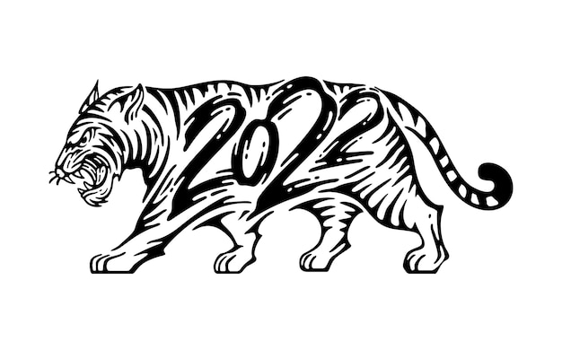 Illustration des tigers mit kalligraphiejahr 2022 im doodle-tinten-stil