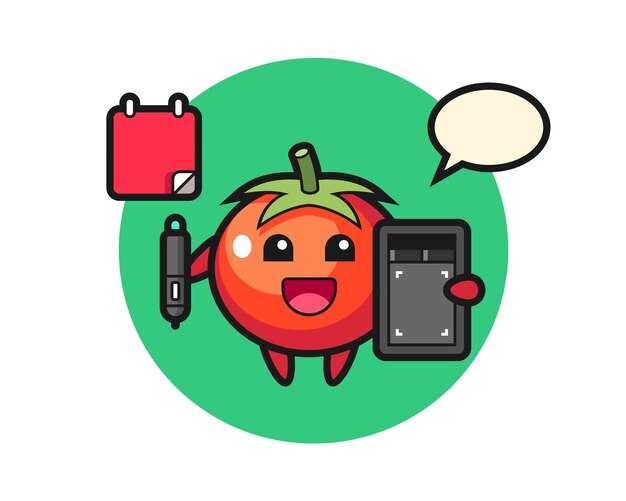 Illustration des tomatenmaskottchens als grafikdesigner