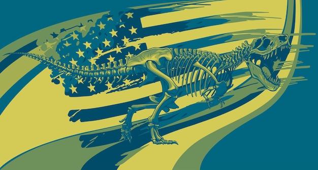 Vektor illustration des tyrannosaurus t-rex-skeletts mit amerikanischer flagge