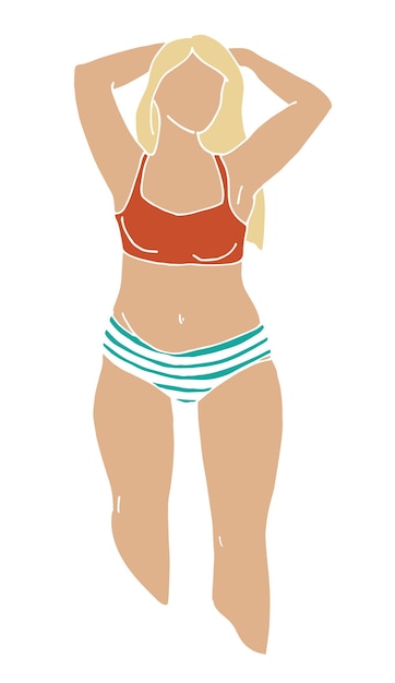 Illustration eine Frau steht in einem Badeanzug Fette weiße junge Frau in einem Badeanzug Körper positiv