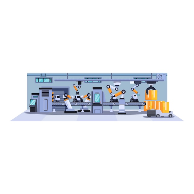 Illustration einer automatisierten Fabrik mit Robotern, die Waren transportieren und verpacken
