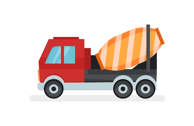 Vektor illustration einer betonmischer-lkw-seitenansicht, die bei bauarbeiten verwendet wird. große maschine mit rotierendem container. vektorsymbol für den stadtverkehr im flachen stil, isoliert auf weißem hintergrund