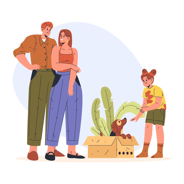 Vektor illustration einer familie, die einem kind oder kind einen hund oder welpen schenkt, vektorbild mit hündchen im karton