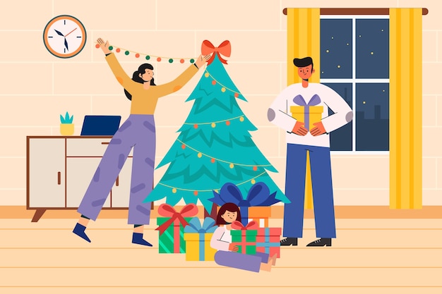 Illustration einer familie, die weihnachten zusammen feiert