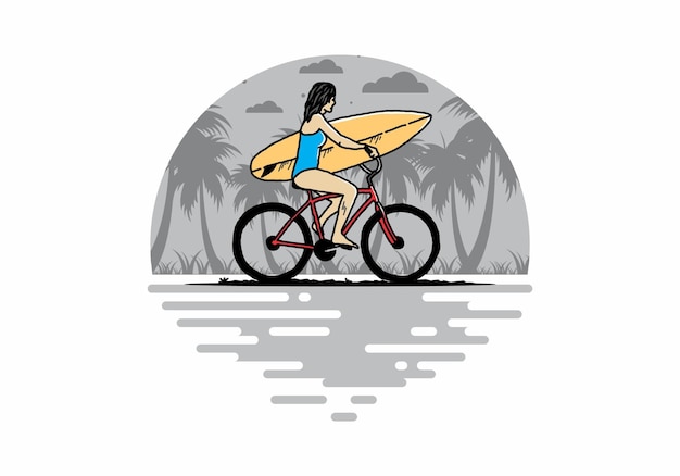 Vektor illustration einer frau, die auf einem fahrrad surft